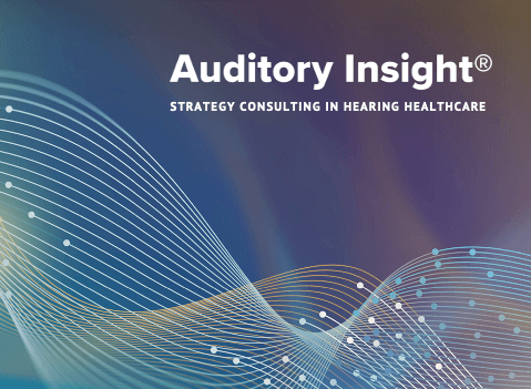 An image with the company name of Auditory Insight and it's tagline (Strategy consulting in hearing healthcare) against a purple background, with sound waves swirling beneath, in blues, white, and gold, with a spark of light.